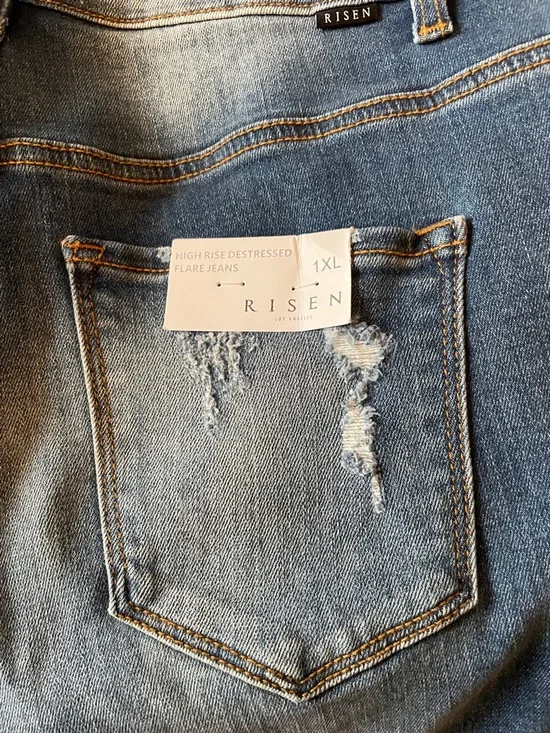 Risen Women's Distressed Flare Jeans in Medium Blue, 1XL - Picture 4 of 9